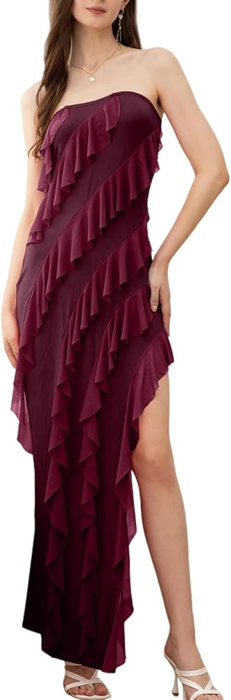 Velius Women Sexy Off Shoulder Strapless Mesh Tassel Ruffle Hem Split Maxi Party Dress | Amazon (US)