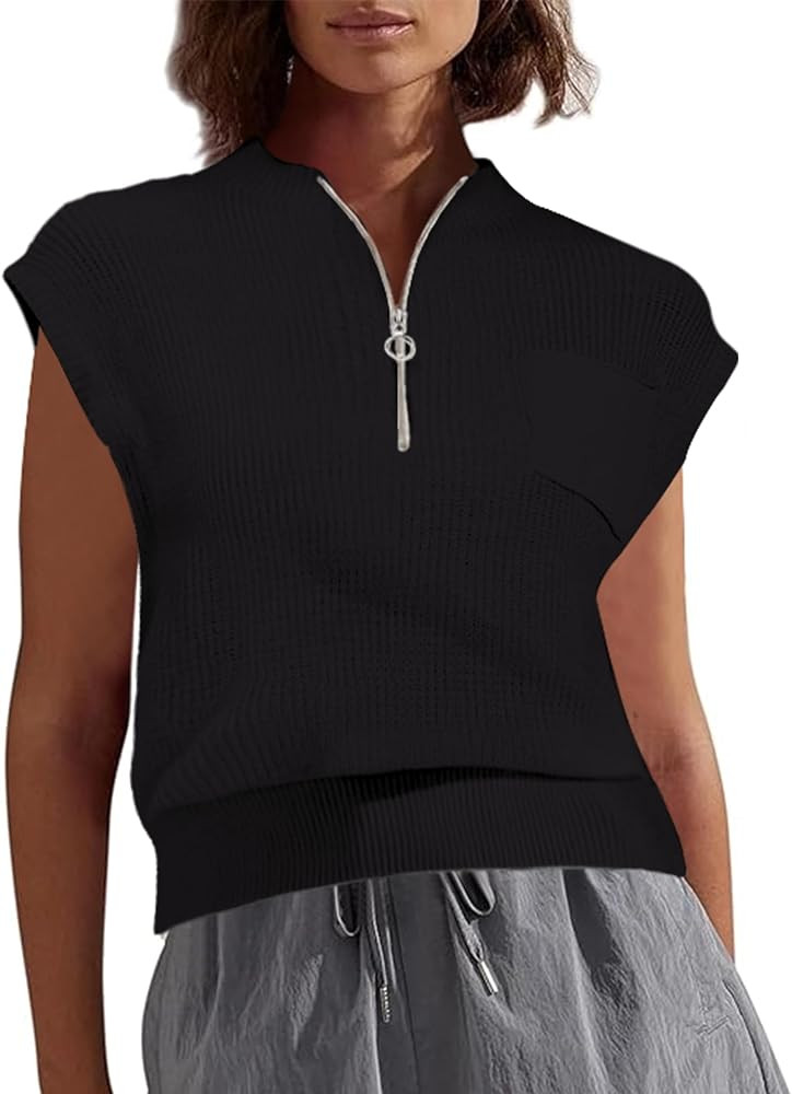 Women Sleeveless Knit Zip Sweater Vest Loose Fit Mock Neck Casual Tank Top with Front Pocket | Amazon (US)