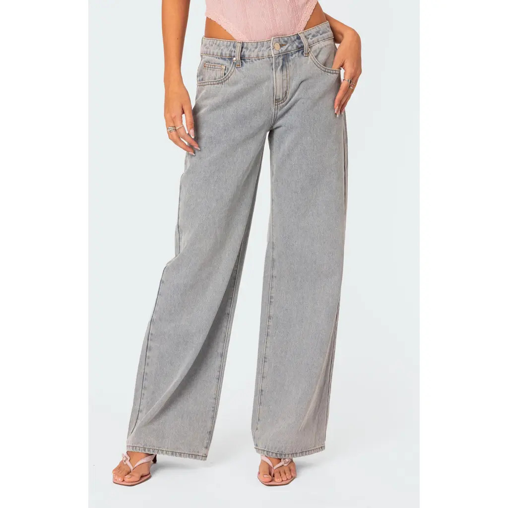 EDIKTED Bow Pocket Low Rise Wide Leg Jeans in Light-Blue at Nordstrom, Size X-Small | Nordstrom