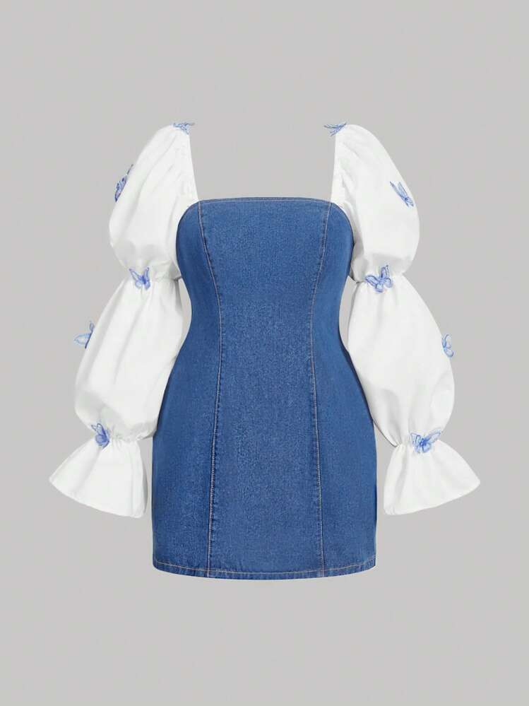 SHEIN MOD Plus Size Blue Denim Dress Puff Sleeve Type 3D Butterfly Decoration Cute Outfits For Women, Fall Women Clothes | SHEIN