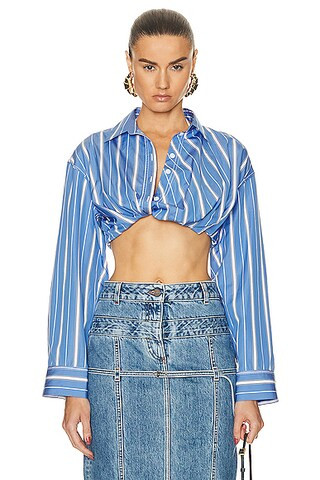 JACQUEMUS La Chemise Bahia Courte Top in Blue Stripes | FWRD | FWRD 