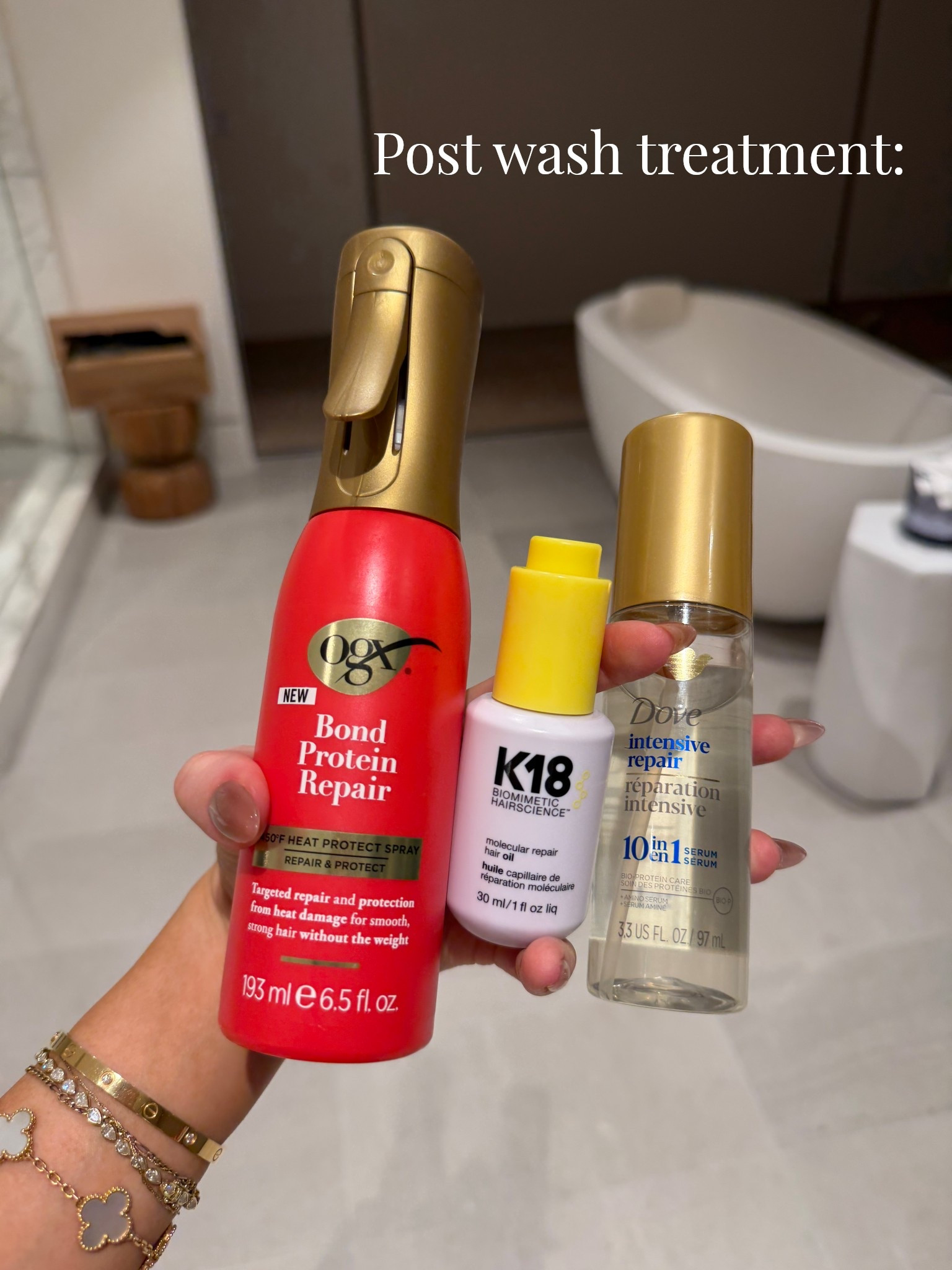 Post hair was treatment:
1. Heat protectant spray 
2. Bond repair serum 
3. K18 repair oil 

#LTKselfcare #LTKmorningroutine #LTKgrwm