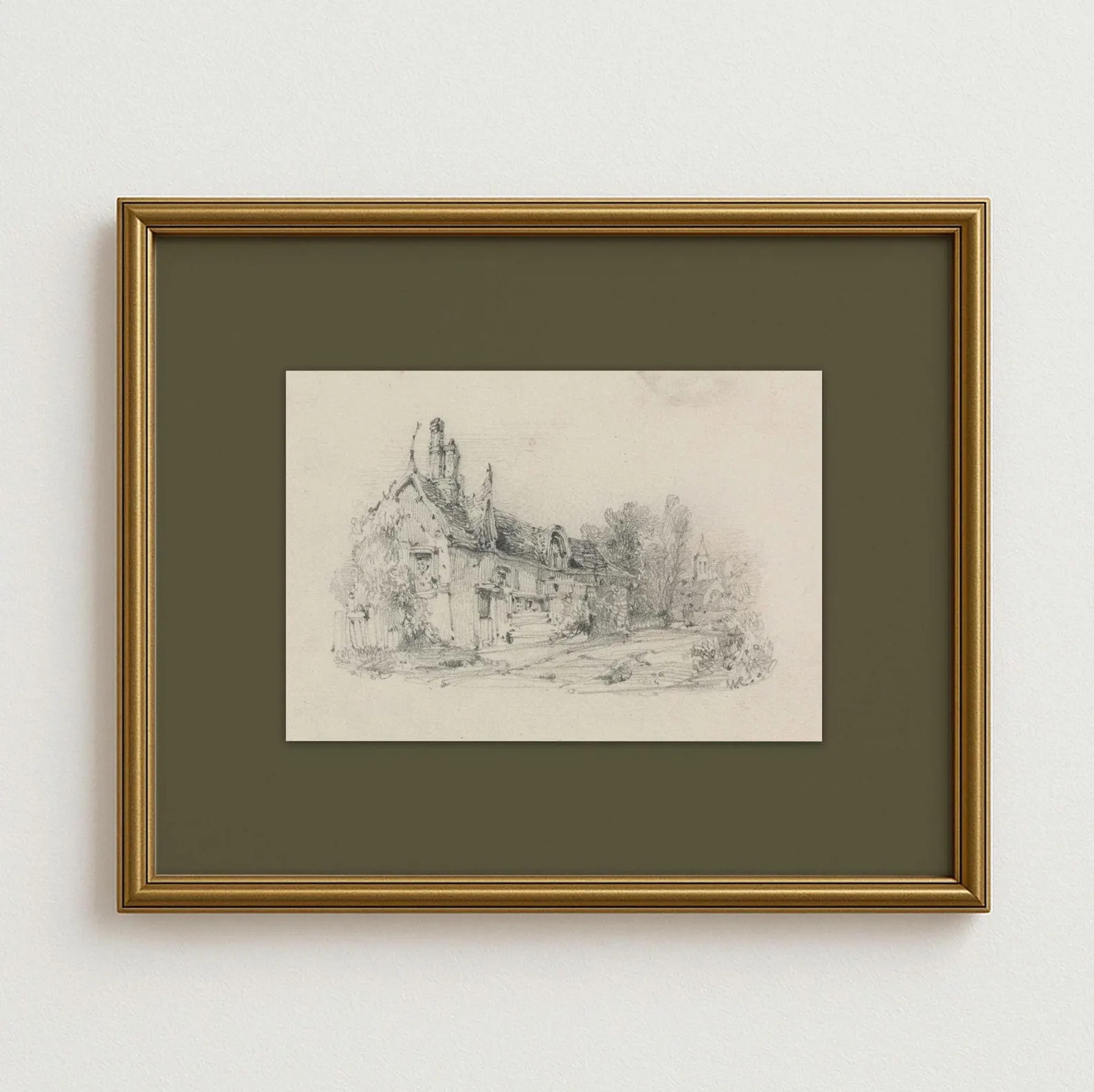 Vintage Pencil Sketch Matted Print, Moody Countryside Drawing, Rustic Architectural Farmhouse Art... | Etsy (US)