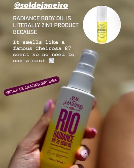 Favorite sunscreen for summer beach days : Sol De Janeiro radiance body oil spf 50 which smells like Cheirosa 87 mist 🌼

Beauty must have • beach essentials 

#LTKbeauty #LTKGiftGuide #LTKtravel