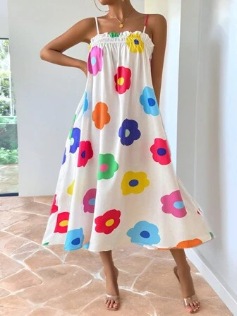 SHEIN Essnce Women Summer Vacation Casual Colorful Flower All-Over Printed Dresses Print Spaghett... | SHEIN