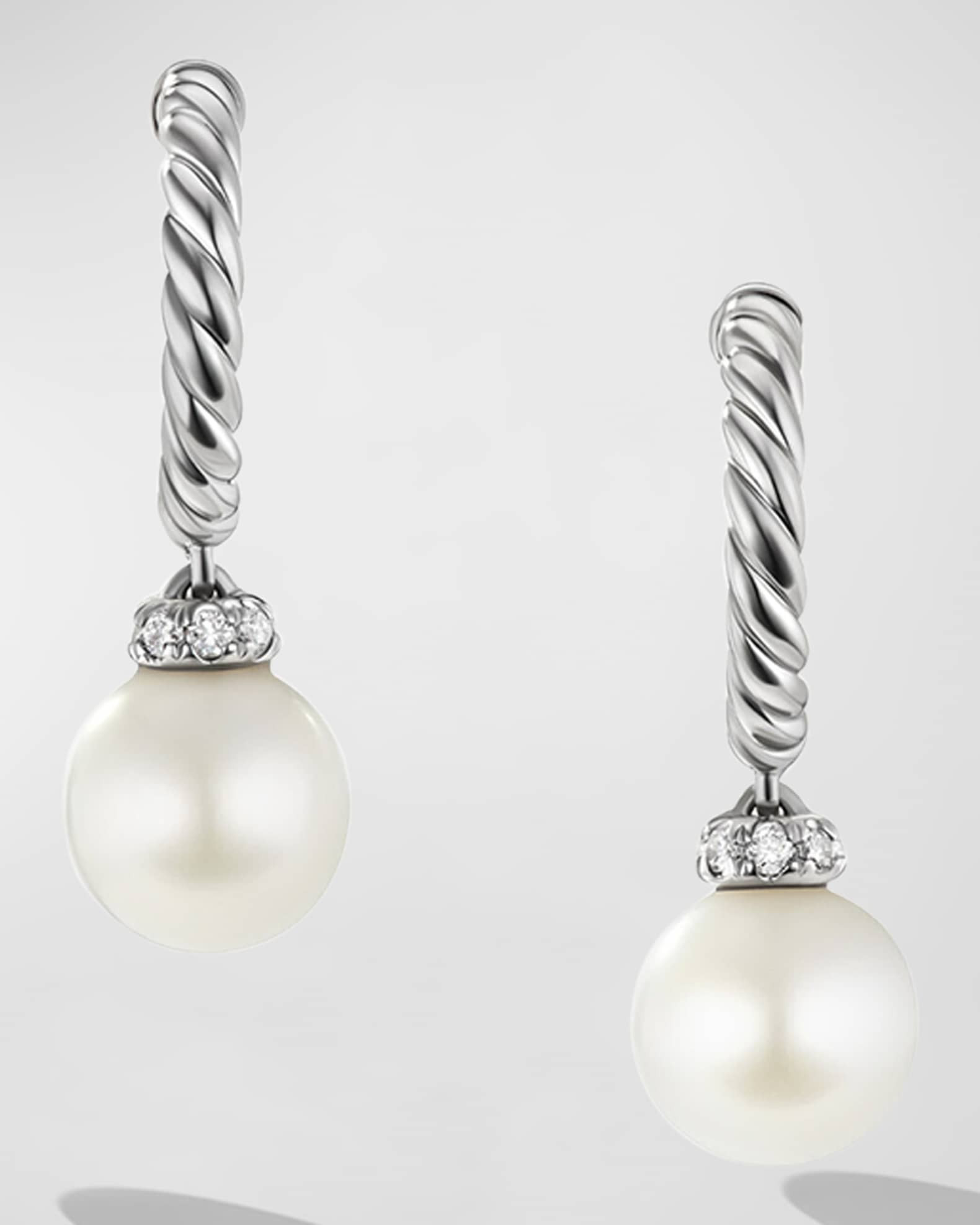 Pearl and Pave Solari Drop Earrings with Diamonds in Silver, 5mm, 0.75"L | Neiman Marcus