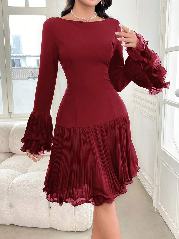 Modelyn Women's Solid Color Round Neck, Flare Sleeve, Pleated Hem Elegant Short Dress, Autumn | SHEIN