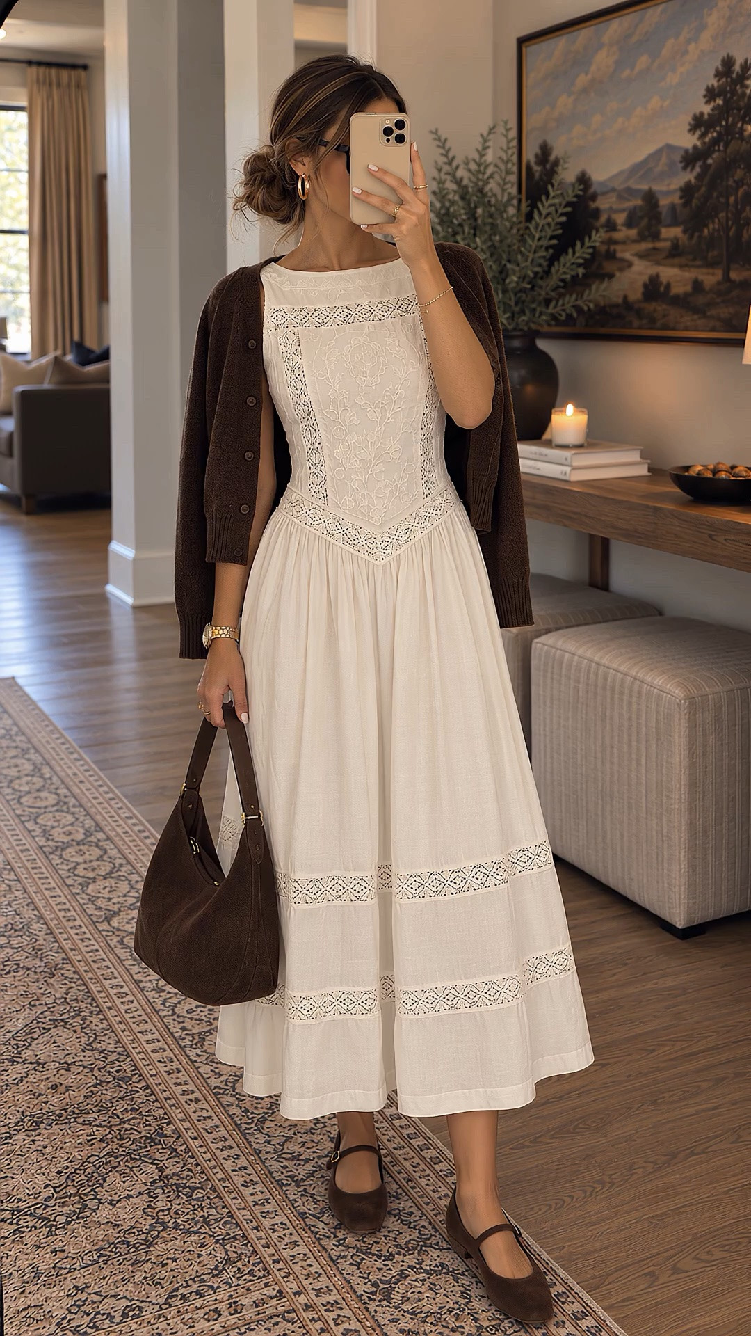 Fall dress perfection 🤎 This Abercrombie ivory lace-trim midi dress has the prettiest embroidered details and drop-waist silhouette. I styled it for fall with a chocolate brown cardigan, suede bag and brown Mary Jane flats. Such a pretty transitional fall outfit for family photos, brunch, date night or a fall event. 🍂

#Abercrombie #AbercrombieStyle #AbercrombieDress #FallDress #FallOutfit #FallFashion #FallOutfitIdeas #FamilyPhotoOutfit #Over40Style #LTKStyle #LTKFallFashion

#LTKSaleAlert #LTKSeasonal #LTKootd