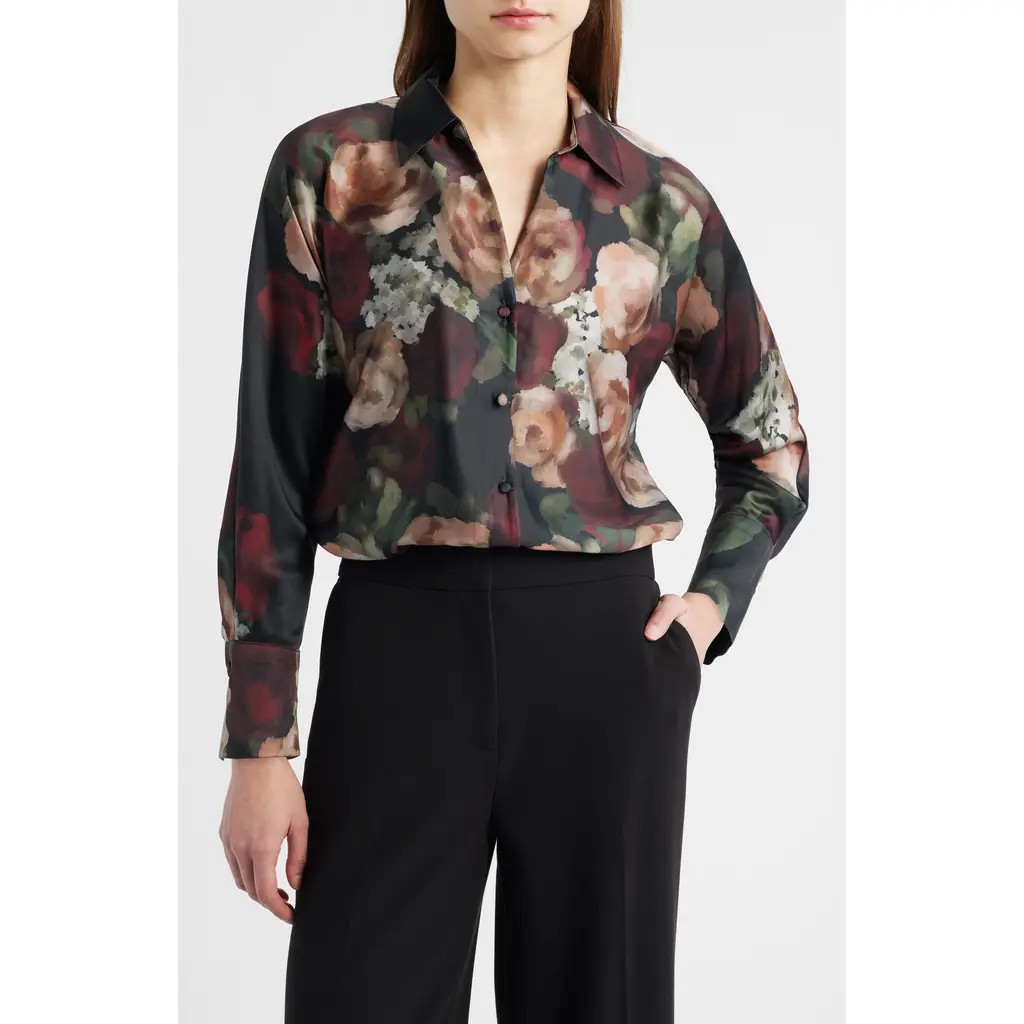 halogen(r) Floral Button-Up Shirt in Rich Black at Nordstrom, Size X-Small P | Nordstrom