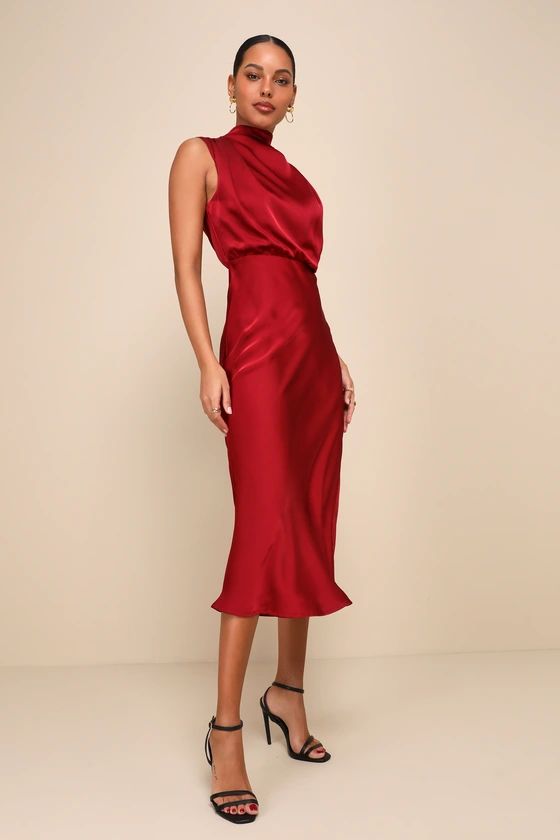 Distinctive Charm Burgundy Satin Asymmetrical Midi Dress | Lulus