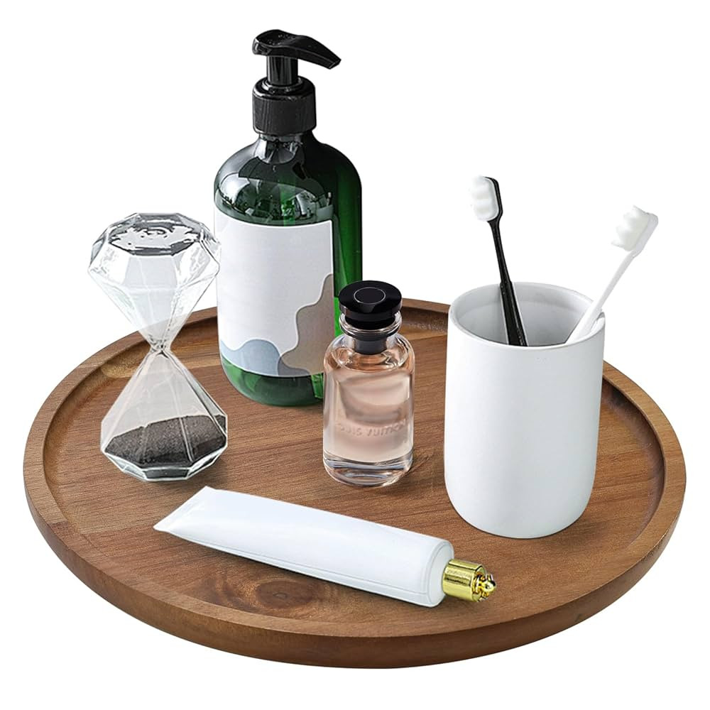 Acacia Wood Bathroom Vanity Tray Round Lazy Susan Organizer for Table Top Kitchen Sink Soap Tray ... | Amazon (US)