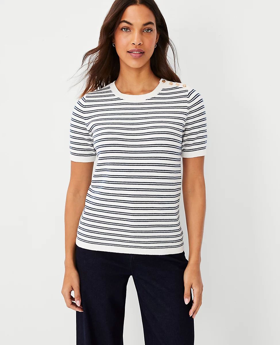 Petite Striped Shoulder Button Sweater Tee | Ann Taylor (US)