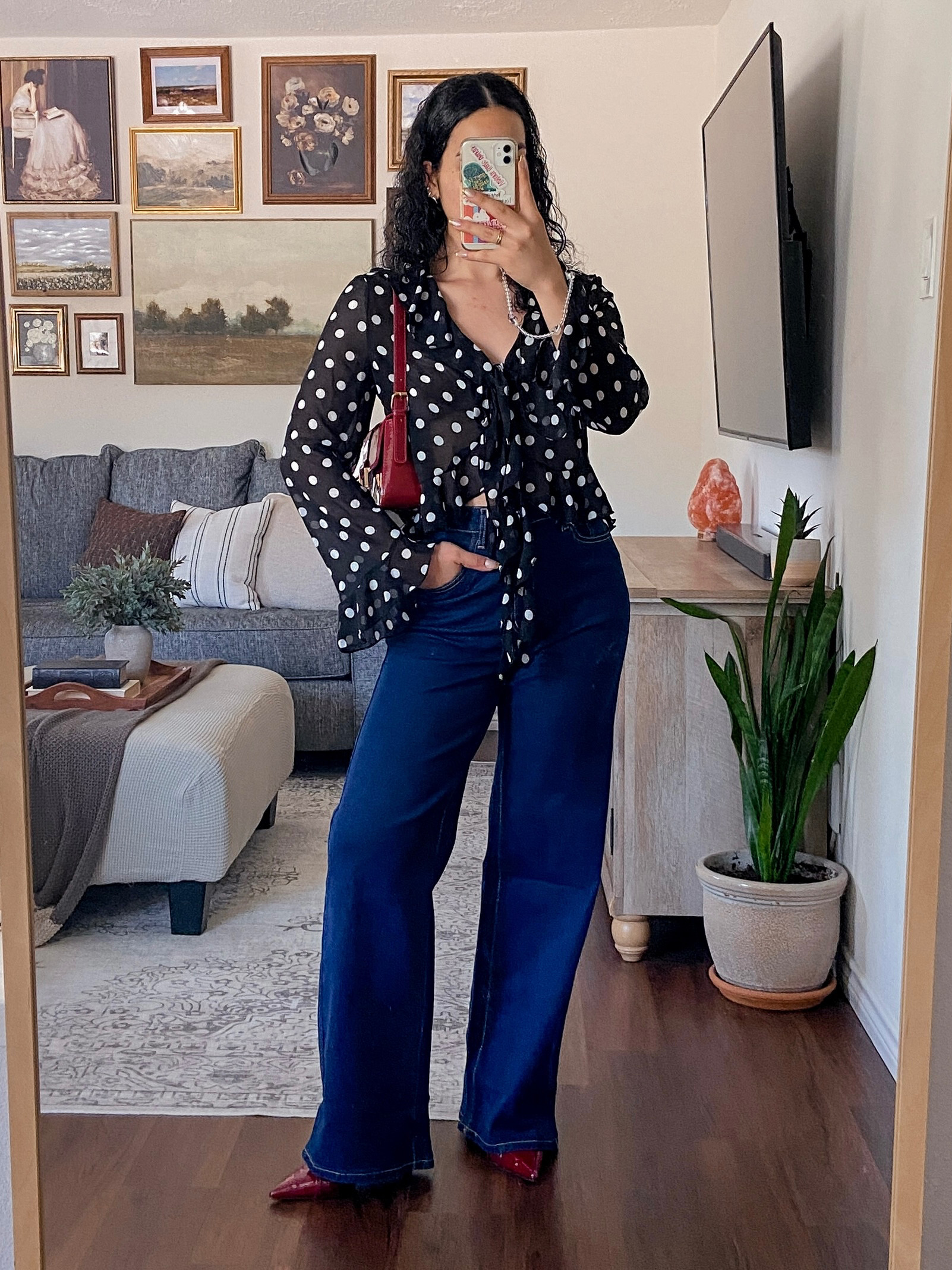 i'm wearing this top and jeans in a size medium, both fit true to size. paired them with a pop of burgundy red for that fall vibe. // polka dot top outfit, denim jeans outfit inspo, burgundy heels outfit, pointed toe kitten heels style, burgundy bag outfit, chic casual outfit ideas, polka dot fashion inspo, fall outfit 2025, everyday chic style, classic outfit inspiration, stylish casual look, polka dots and denim outfit, elevated casual outfit, timeless chic fashion, effortless everyday outfit, Amazon fashion finds, affordable polka dot top, trendy denim jeans, burgundy heels styling, chic burgundy handbag, fall fashion must haves, budget friendly outfit inspo, Amazon fall wardrobe, stylish casual essentials, everyday fall outfit ideas  

 #LTKFallSale #LTKHalloween #LTKSeasonal