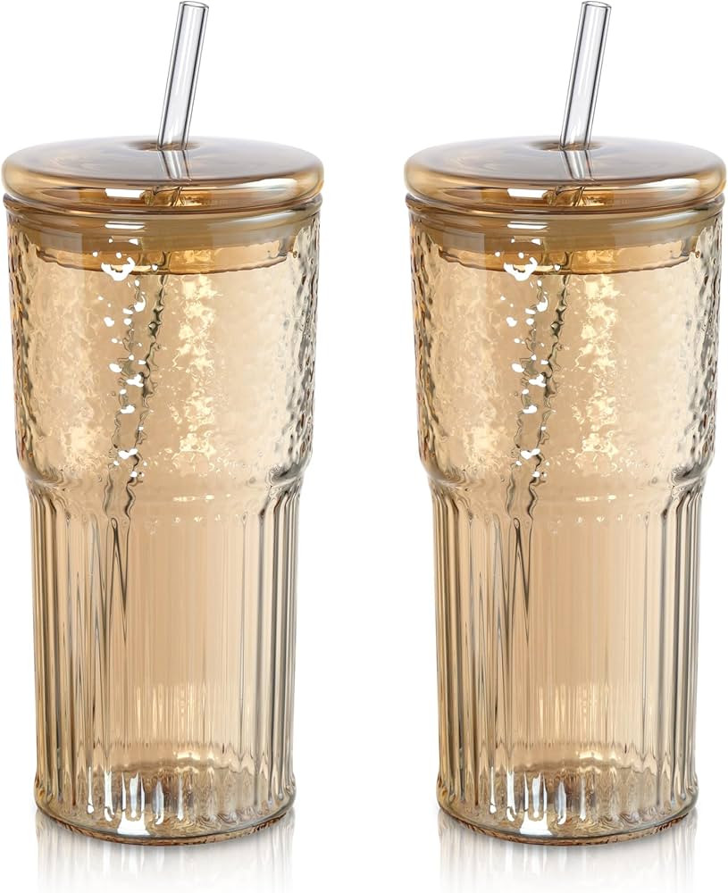 Joeyan 22 oz Amber Glass Tumbler with Straw and Lid for Iced Tea Coffee Smoothie Water Juice Beve... | Amazon (US)