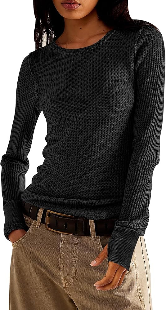 Women's Waffle Knit Tops Long Sleeve Shirts Casual Slim Fitted Crew Neck Pullover Shirts | Amazon (US)