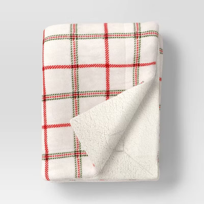 Plaid Printed Plush Throw Blanket Faux Shearling Reverse Ivory/Red/Green - Threshold™ | Target