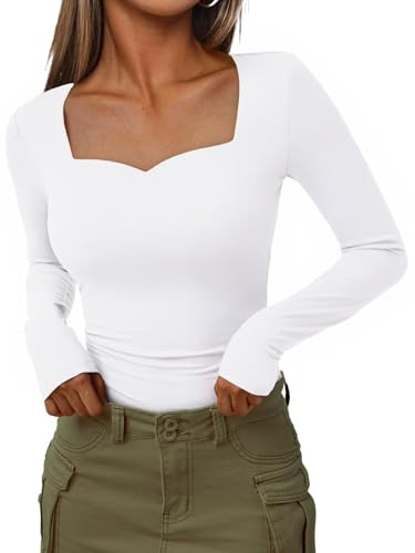 Trendy Queen Womens Long Sleeve Shirts Sweetheart Neckline Basic Crop Tops Cute Fall Tshirt Y2k Going Out Outfits 2024 White XL | Amazon (US)