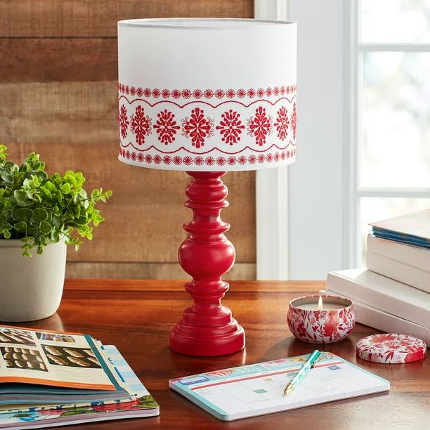 The Pioneer Woman Turned Table Lamp with White Eyelet Linen Shade, Red | Walmart (US)