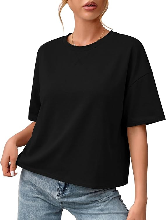 Quenteen Cotton Boxy T-Shirts for Women Open Back Casual Workout Crop Top | Drop Shoulder Short S... | Amazon (US)