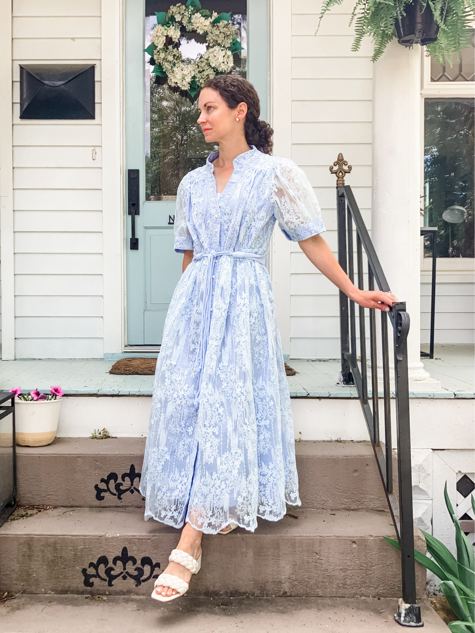 A beautiful blue lace dress!
Blue lace dress from Chicwish. 
White woven sandals are old, linking similar. 
Large faux pearl earrings are old from Kate Spade, linking similar. 
Petite outfit. Wedding guest dress. Summer dress. Modest dress  

#LTKOver40 #LTKWedding #LTKootd