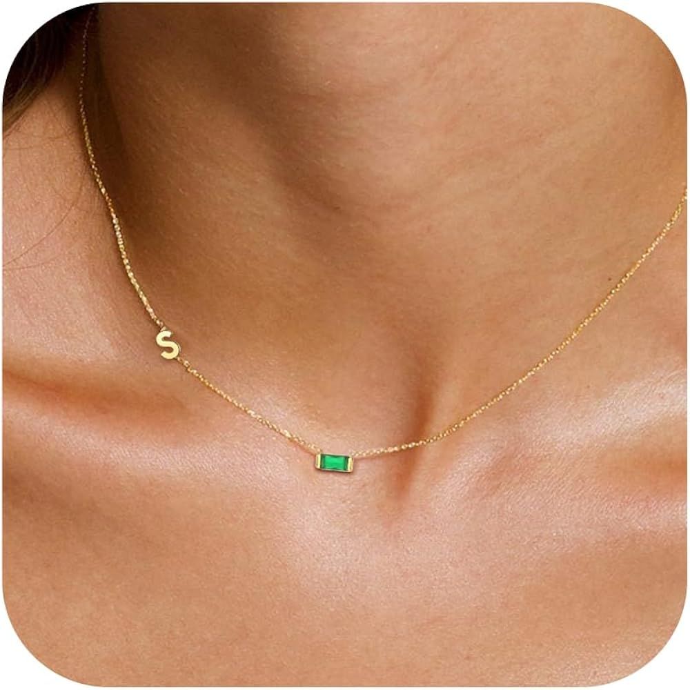 Birthstone Initial Necklaces for Women Girls - 18K Gold Plated Sideway Initial Necklace Dainty A-... | Amazon (US)