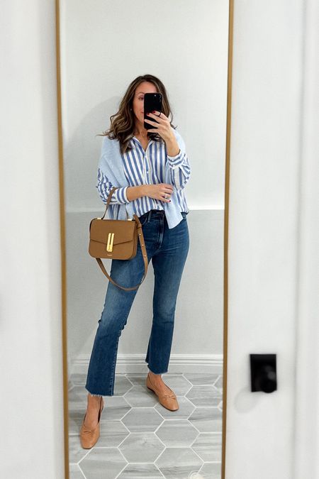 Jeans tts. Oversized shirt in xs. Light sweater in small for a relaxed fit. Nude flats run tts for me. 
Take 10% off this bag (or any on their site) with code HELLO10 

#LTKsalealert #LTKstyletip #LTKshoecrush