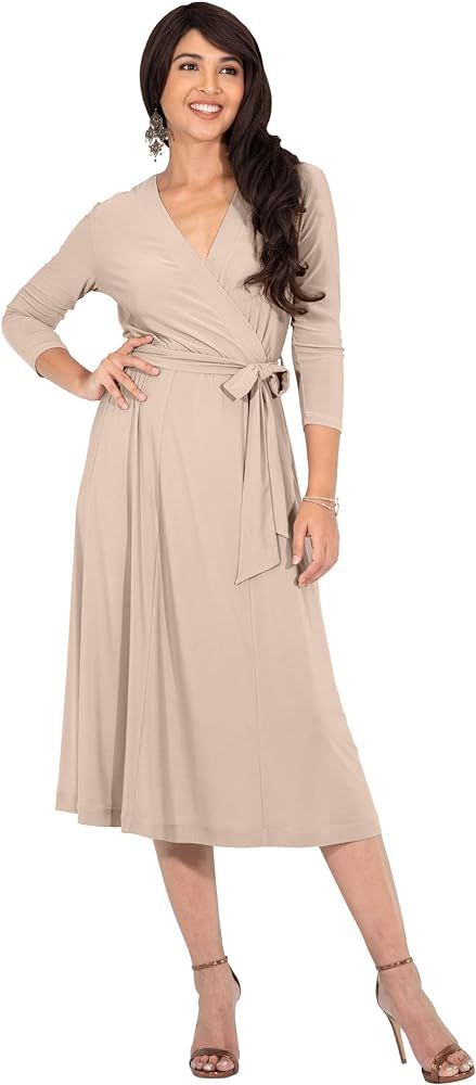 Womens V-Neck 3/4 Sleeve Semi Formal Wrap Flowy Knee Length Midi Dress | Amazon (US)