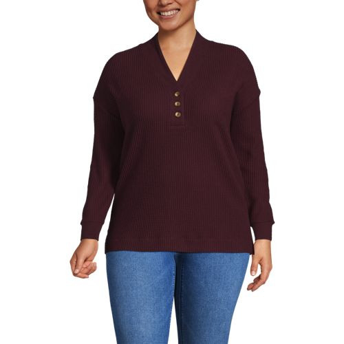 Women's Long Sleeve Waffle Shawl Collar Henley - Lands' End - Red - L | Lands' End (US)