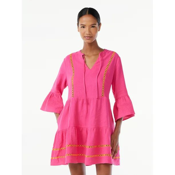 Scoop Women's Lace Trimmed Mini Dress with ¾ -Length Sleeves | Walmart (US)