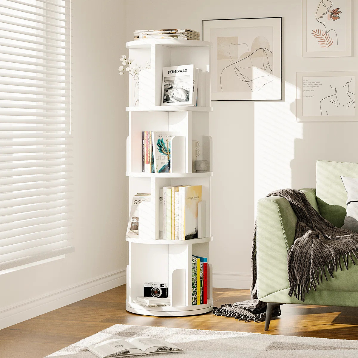 Ebern Designs 360° Rotating Bookshelf, 4 Tiers Corner Shelf, Rotating Bookcase For Bedroom, Livi... | Wayfair North America