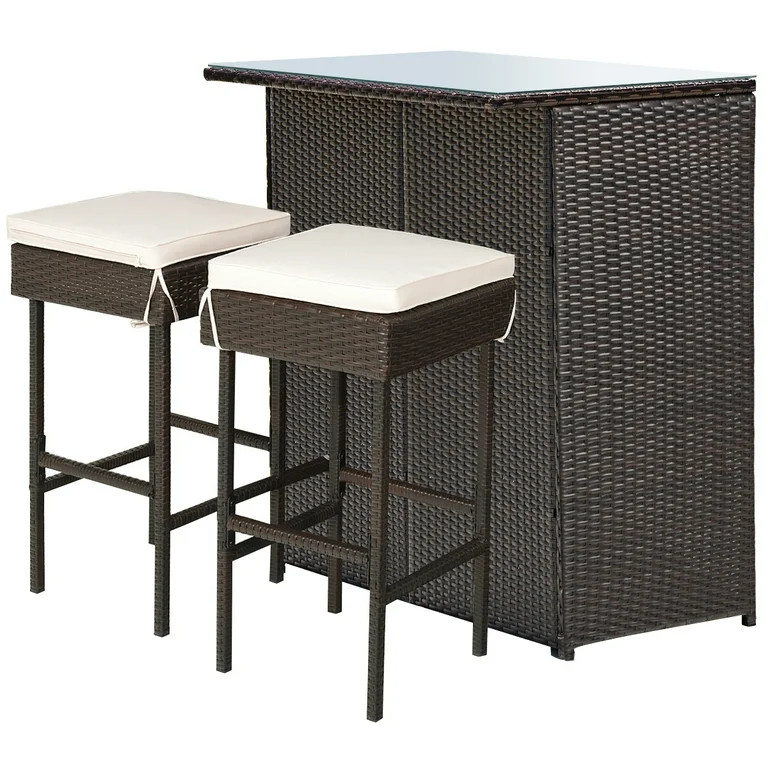 Costway 3PCS Patio Rattan Wicker Bar Table Stools Dining Set Cushioned Chairs Garden | Walmart (US)