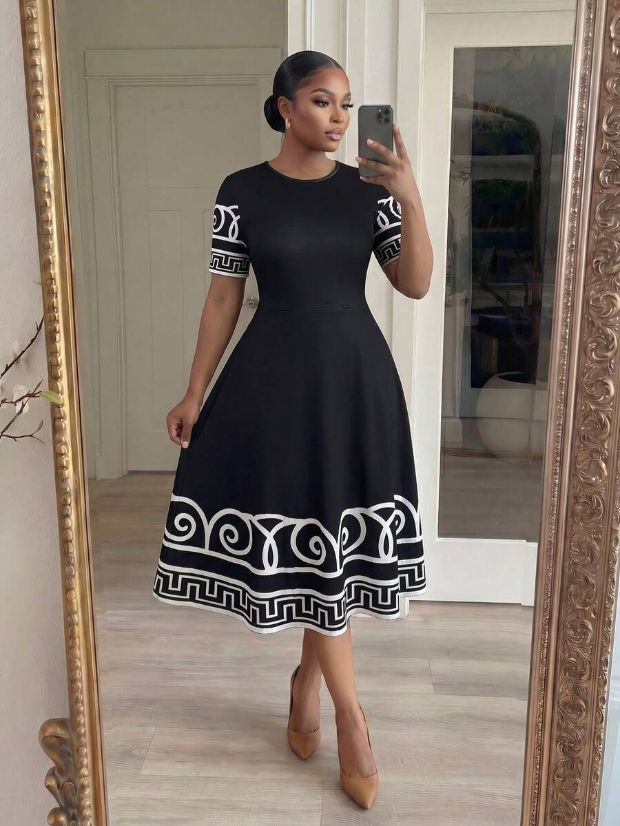 SHEIN Lady Plus Size Women's Elegant Geometric Print Round Neck Short Sleeve Dress Office Formal ... | SHEIN
