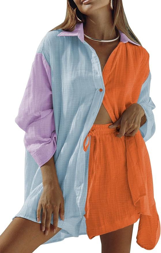 Fixmatti Women 2 Piece Outfits Long Sleeve Button Down Blouse and Shorts Sweatsuit Sets | Amazon (US)