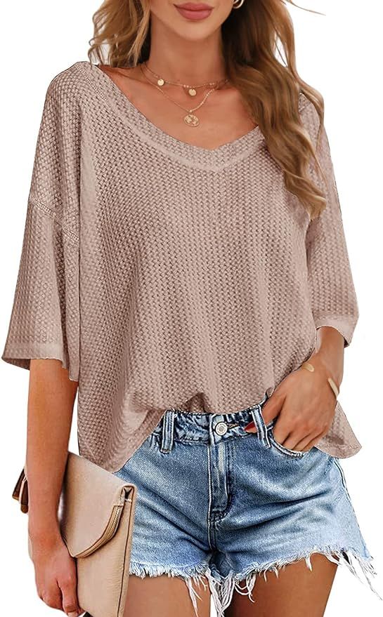 MEROKEETY Women's V Neck Batwing Half Sleeve Shirts Waffle Knit Loose Blouse Solid Color Tops | Amazon (US)