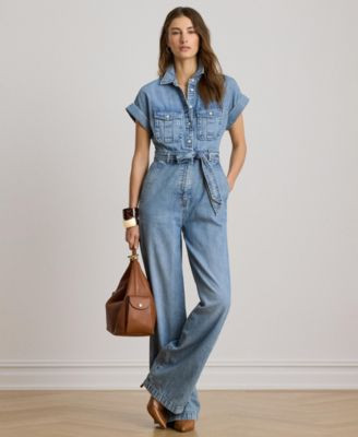 Lauren Ralph Lauren Women's Spread Collar Belted Denim Wide-Leg Jumpsuit - Alicia Wash | Macy's