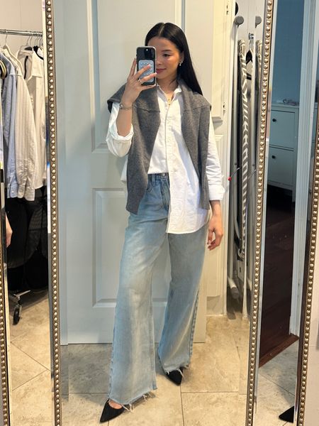 What to wear to a lunch meeting
- white button up shirt
- grey sweater
- wide leg jeans
- pointed toe sling backs 

#LTKfindsunder100 #LTKworkwear #LTKstyletip