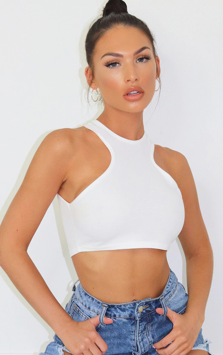 White Crepe Racer Neck Crop Top | PrettyLittleThing US