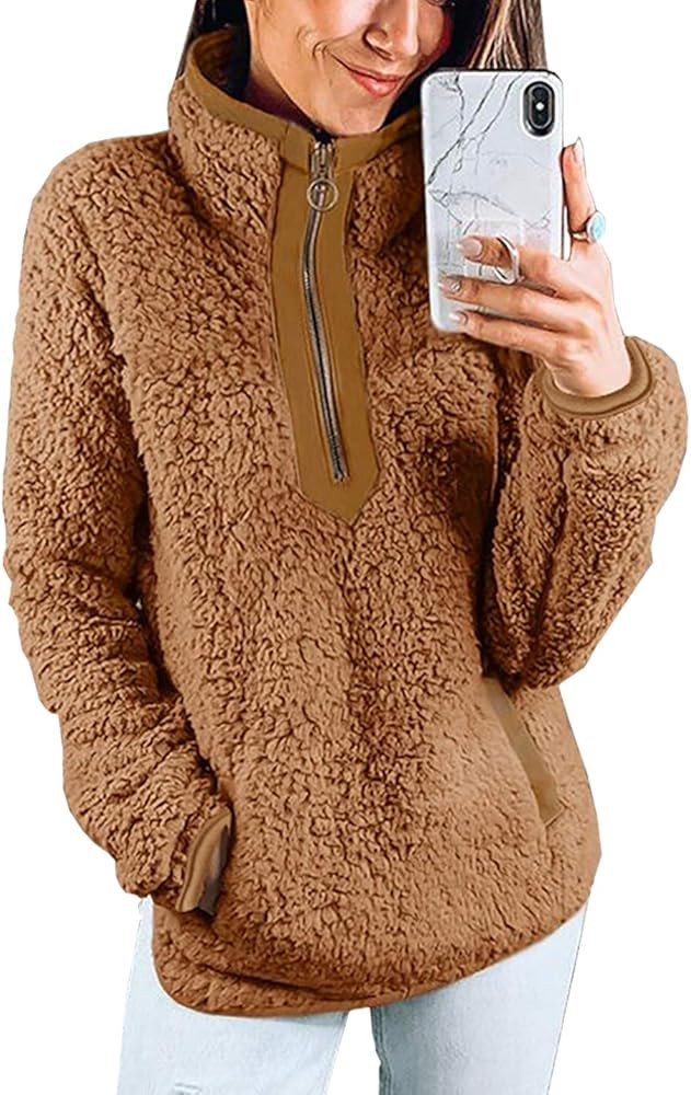 Womens Fleece Sherpa Fuzzy Zipper Long Sleeve Loose Pullover Fashion Contrast Color-Block Pockets... | Amazon (US)