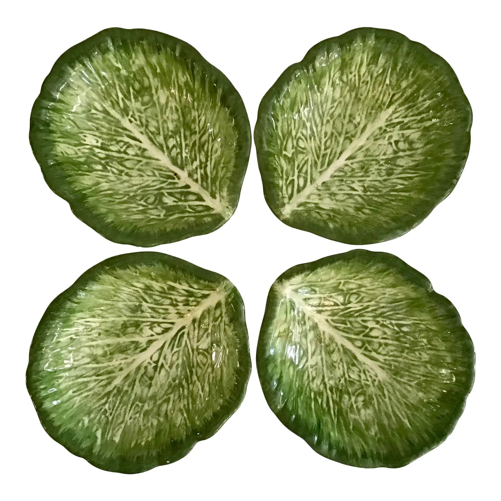 Ceramic Green Lettuce Leaf Shape Dish - Set of 4 | Chairish