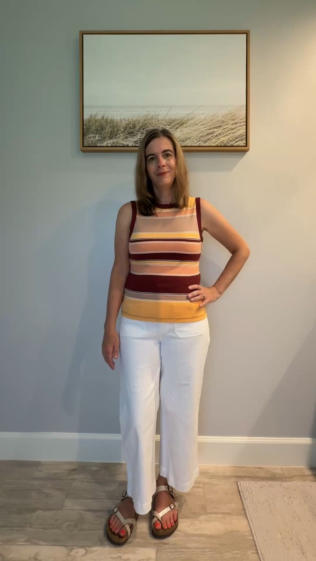 Dinner outfit tonight! We are going to an Italian restaurant and I chose to wear a sleeveless top with white cropped pants. I absolutely love the colors in this top!

#LTKootd #LTKOver40 #LTKPetite