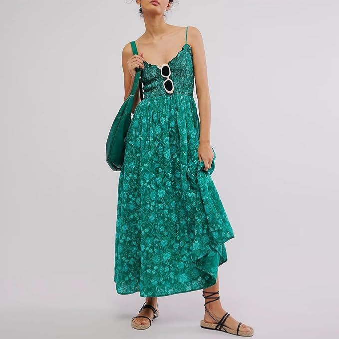 Women Y2k Boho Floral Print Maxi Dress Vintage Spaghetti Strap Flowy Smocked Dress Summer Beach S... | Amazon (US)