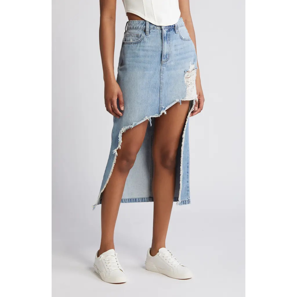 HIDDEN JEANS Heavy Distressed High-Low Hem Denim Skirt in Light Wash at Nordstrom, Size Small | Nordstrom