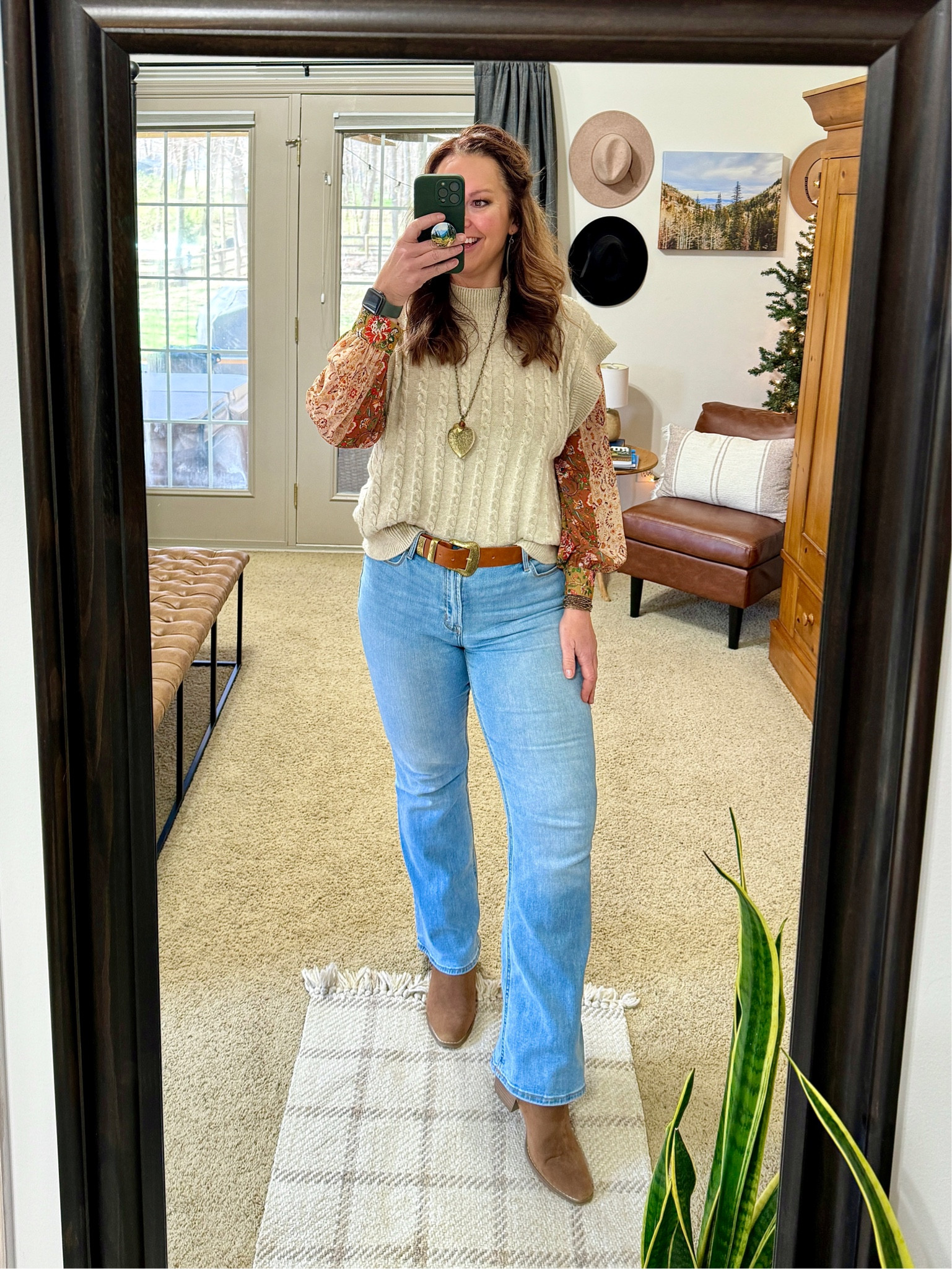 Work Outfit. Western casual office style. Boho chic. Shirt, sweater vest & necklace are older - linked a few similar options for inspiration. Shared a few western booties for options  

#LTKmidsize #LTKworkwear #LTKsalealert
