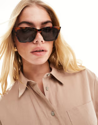 ASOS DESIGN fine frame square cat eye sunglasses in tort | ASOS (Global)