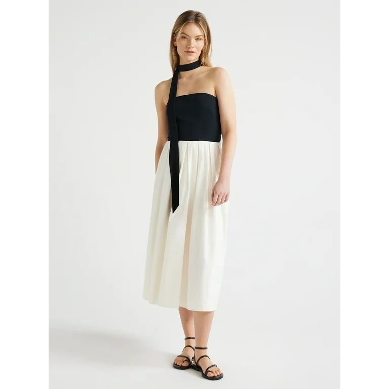 Scoop Women's Mixed Media Tie Halter Midi Dress, Sizes XS-XXL | Walmart (US)