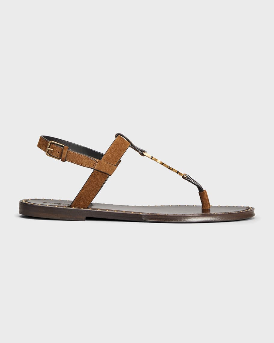 Saint Laurent Leather YSL T-Strap Thong Sandals | Neiman Marcus