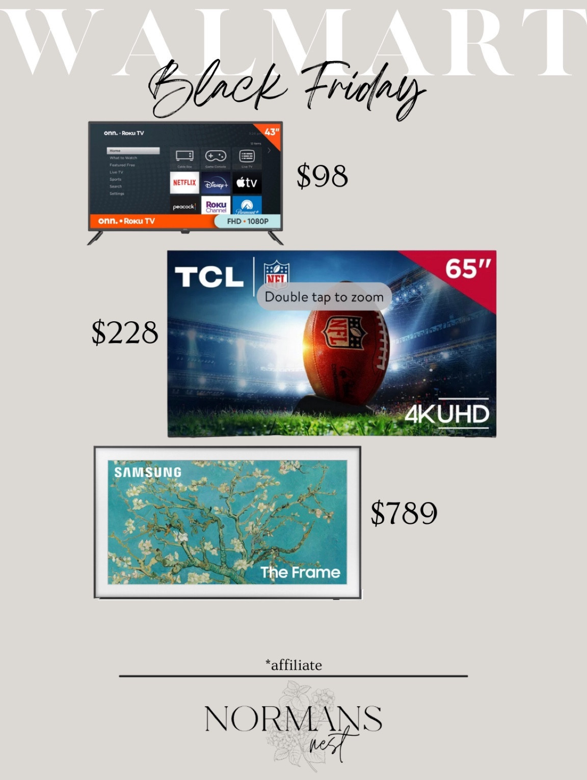 TV Deals on Walmarts Black Friday sale! My parents have the $98 one and it works great. We bought the middle one to replace our downstairs TV. Someday I’ll have a Frame TV in our living room! 

#LTKCyberWeek #LTKsalealert #LTKhome