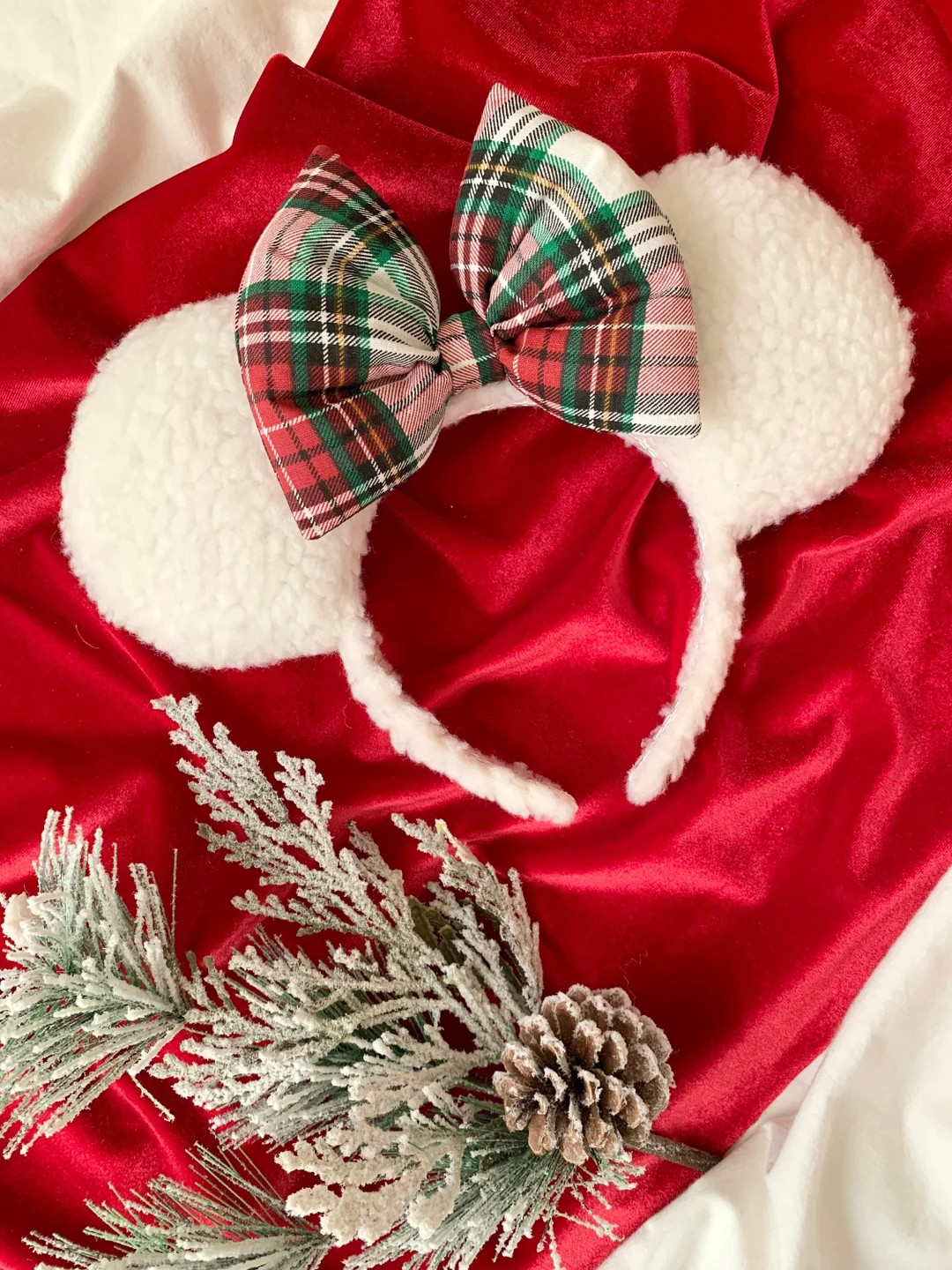 Cozy White Christmas Sherpa Plaid Minnie Mickey Mouse Ear Headband - Etsy | Etsy (US)