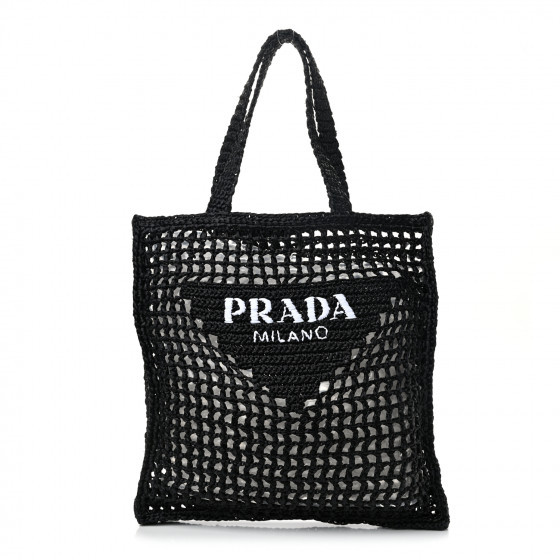 PRADA Raffia Embroidered Logo Tote Bag Black | Fashionphile