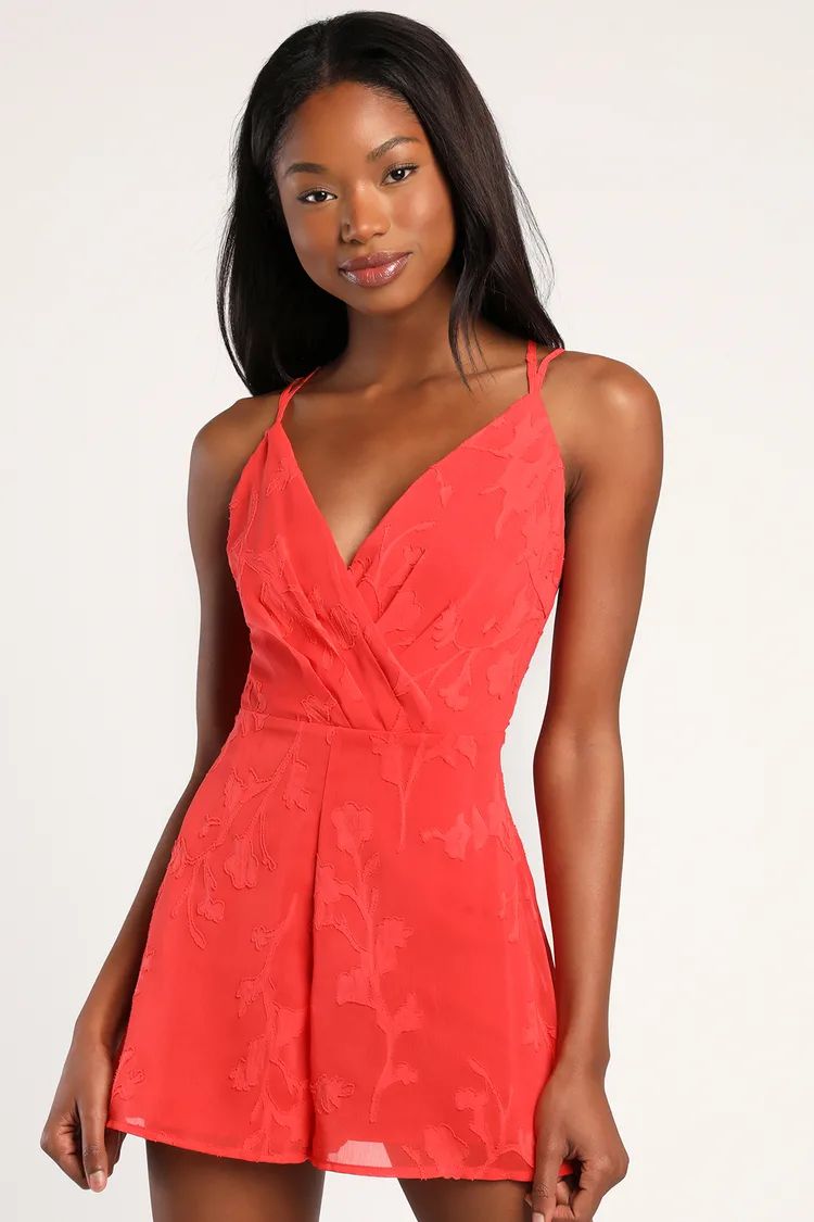 Rush to Romance Coral Burnout Floral Sleeveless Romper | Lulus (US)